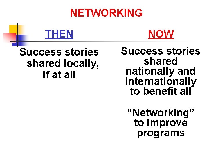 NETWORKING THEN NOW Success stories shared locally, if at all Success stories shared nationally