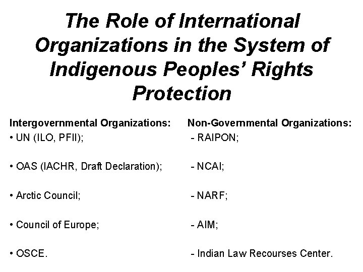 The Role of International Organizations in the System of Indigenous Peoples’ Rights Protection Intergovernmental
