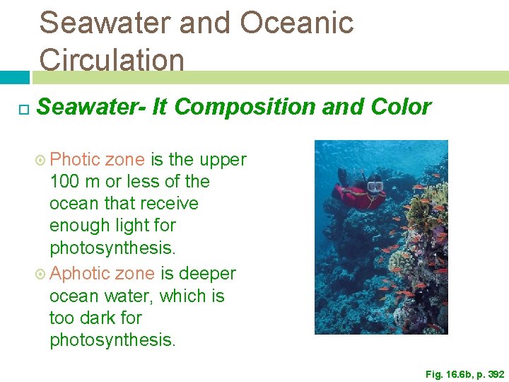 Seawater and Oceanic Circulation Seawater- It Composition and Color Photic zone is the upper Seawater and Oceanic Circulation Seawater- It Composition and Color Photic zone is the upper
