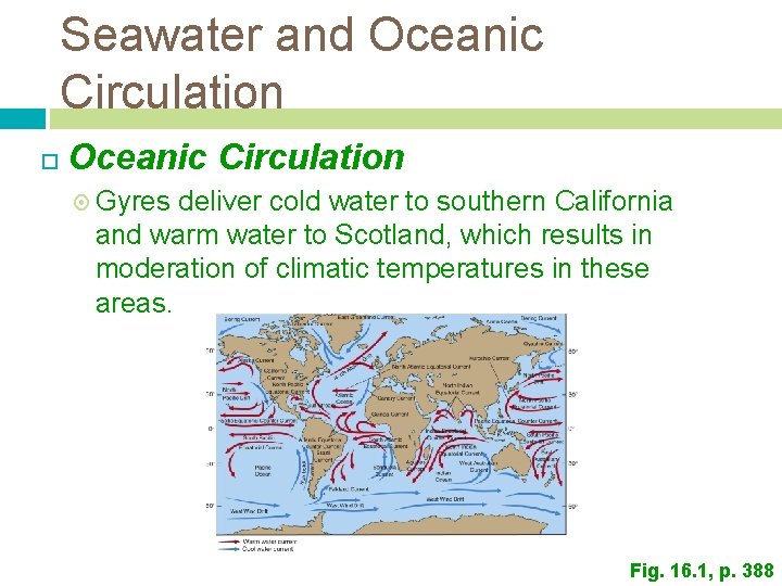 Seawater and Oceanic Circulation Gyres deliver cold water to southern California and warm water Seawater and Oceanic Circulation Gyres deliver cold water to southern California and warm water