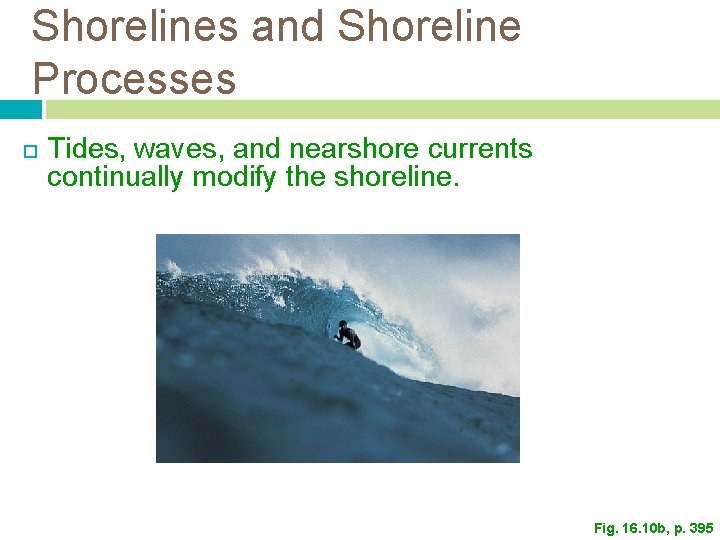 Shorelines and Shoreline Processes Tides, waves, and nearshore currents continually modify the shoreline. Fig. Shorelines and Shoreline Processes Tides, waves, and nearshore currents continually modify the shoreline. Fig.