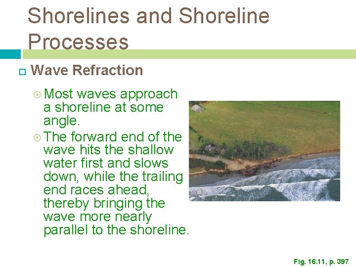 Shorelines and Shoreline Processes Wave Refraction Most waves approach a shoreline at some angle. Shorelines and Shoreline Processes Wave Refraction Most waves approach a shoreline at some angle.