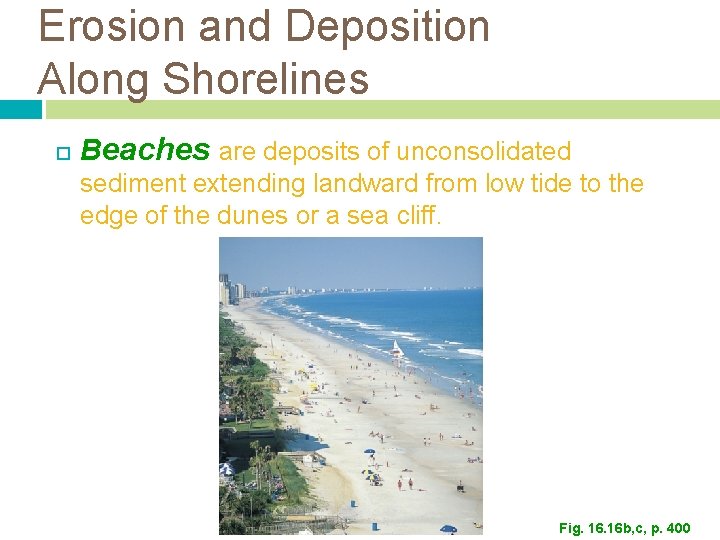 Erosion and Deposition Along Shorelines Beaches are deposits of unconsolidated sediment extending landward from Erosion and Deposition Along Shorelines Beaches are deposits of unconsolidated sediment extending landward from