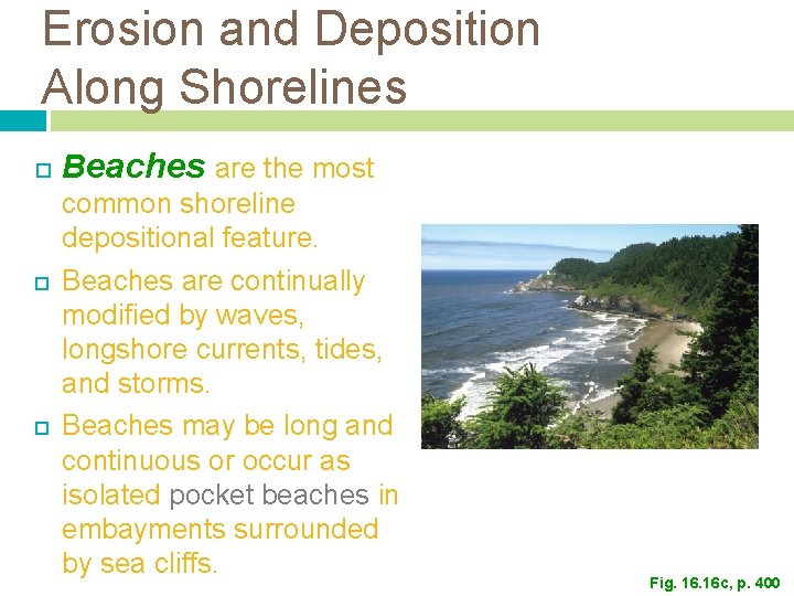 Erosion and Deposition Along Shorelines Beaches are the most common shoreline depositional feature. Beaches Erosion and Deposition Along Shorelines Beaches are the most common shoreline depositional feature. Beaches