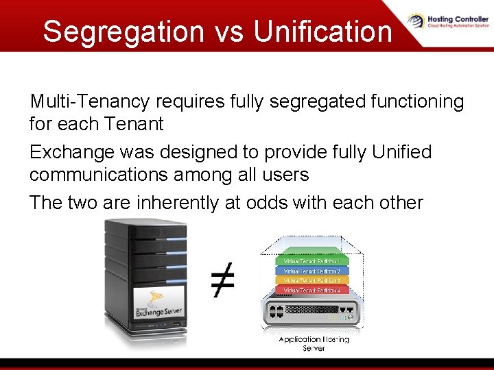 Segregation vs Unification Multi-Tenancy requires fully segregated functioning for each Tenant Exchange was designed Segregation vs Unification Multi-Tenancy requires fully segregated functioning for each Tenant Exchange was designed