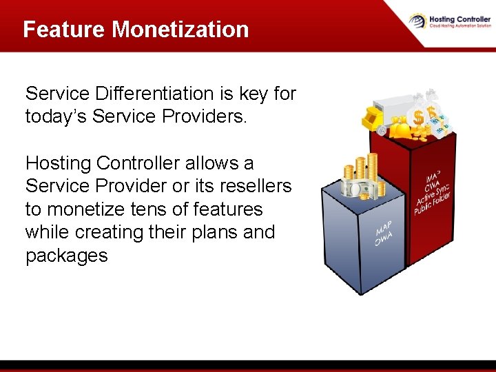 Feature Monetization Service Differentiation is key for today’s Service Providers. Hosting Controller allows a Feature Monetization Service Differentiation is key for today’s Service Providers. Hosting Controller allows a