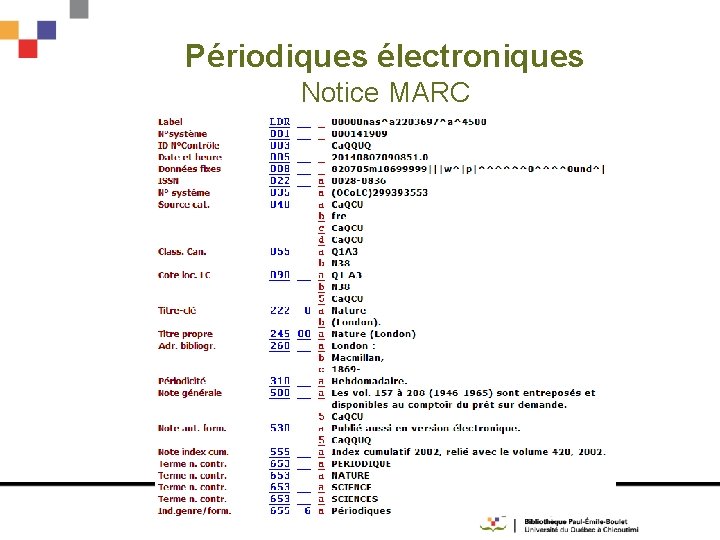 Périodiques électroniques Notice MARC 
