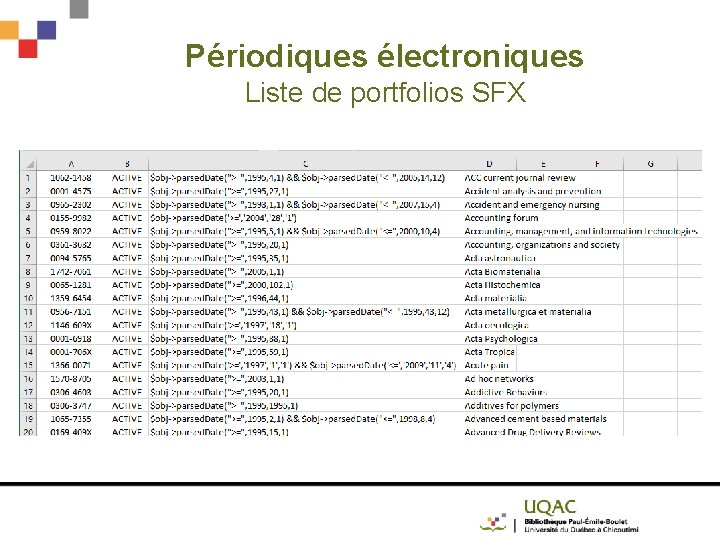Périodiques électroniques Liste de portfolios SFX 