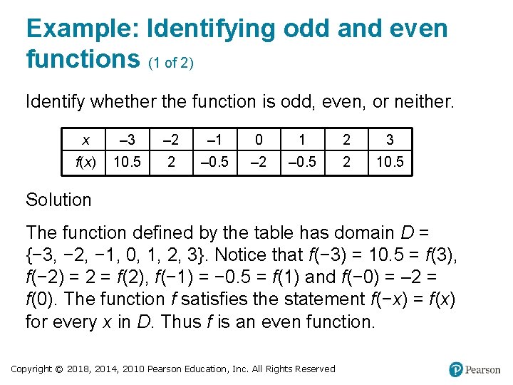 Example: Identifying odd and even functions (1 of 2) Identify whether the function is