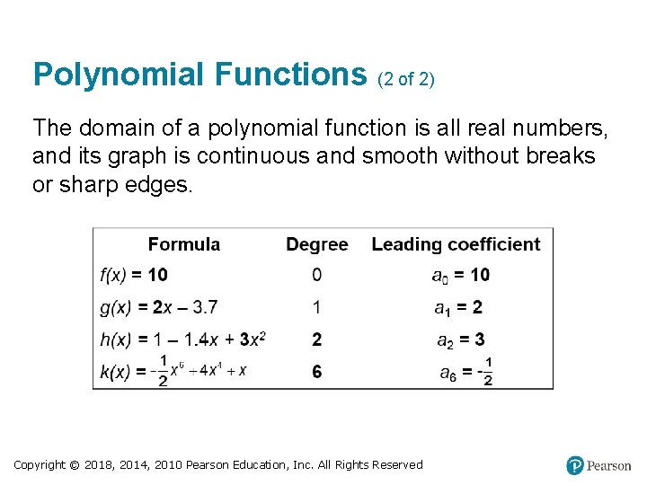 Polynomial Functions (2 of 2) The domain of a polynomial function is all real