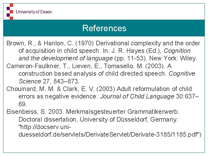 References Brown, R. , & Hanlon, C. (1970) Derivational complexity and the order of