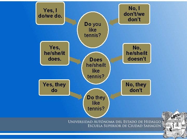 Yes, I do/we do. Do you like tennis? Yes, he/she/it does. Does he/she/it like Yes, I do/we do. Do you like tennis? Yes, he/she/it does. Does he/she/it like