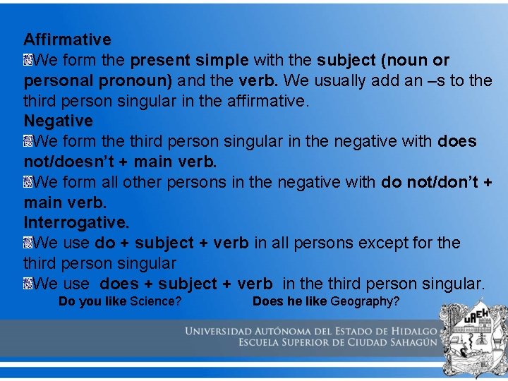 Affirmative We form the present simple with the subject (noun or personal pronoun) and