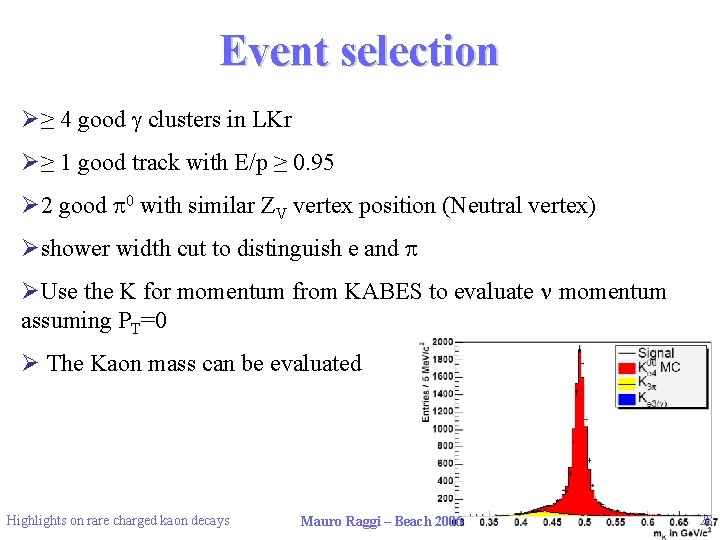 Event selection Ø≥ 4 good g clusters in LKr Ø≥ 1 good track with