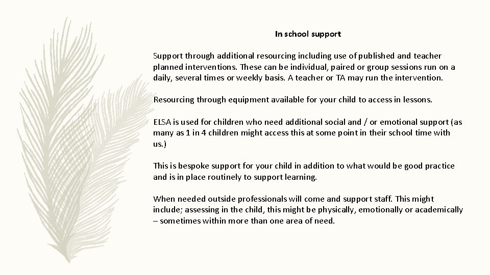 In school support Support through additional resourcing including use of published and teacher planned In school support Support through additional resourcing including use of published and teacher planned
