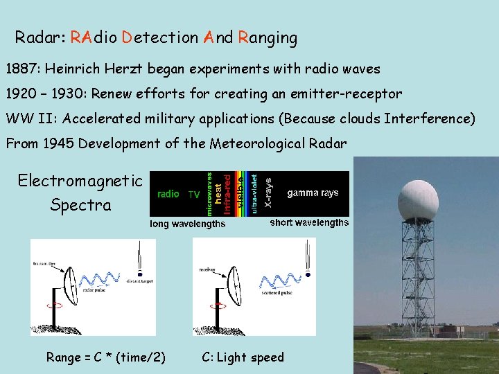 Radar: RAdio Detection And Ranging 1887: Heinrich Herzt began experiments with radio waves 1920