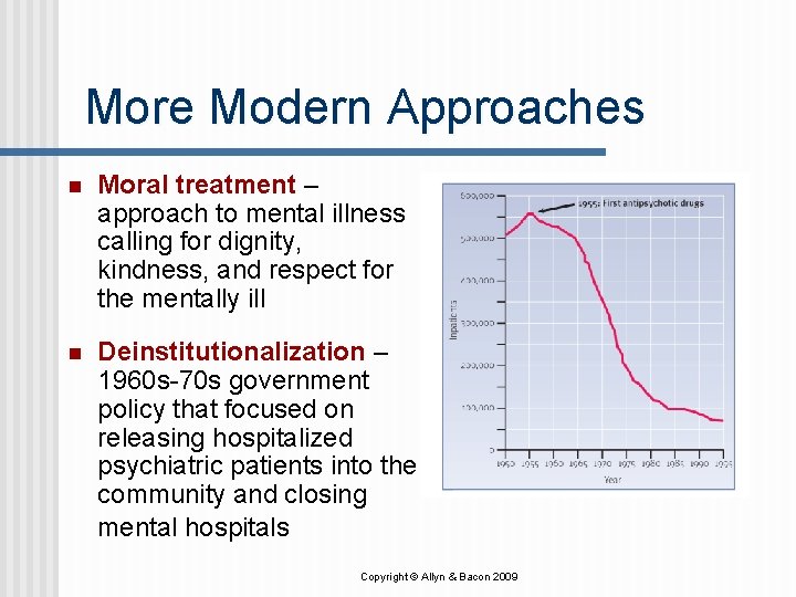More Modern Approaches n Moral treatment – approach to mental illness calling for dignity,