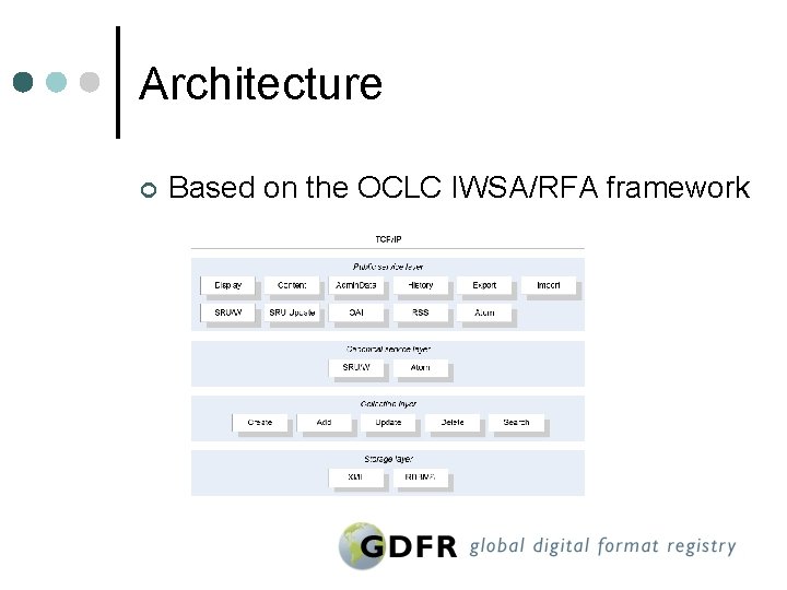 Architecture ¢ Based on the OCLC IWSA/RFA framework 