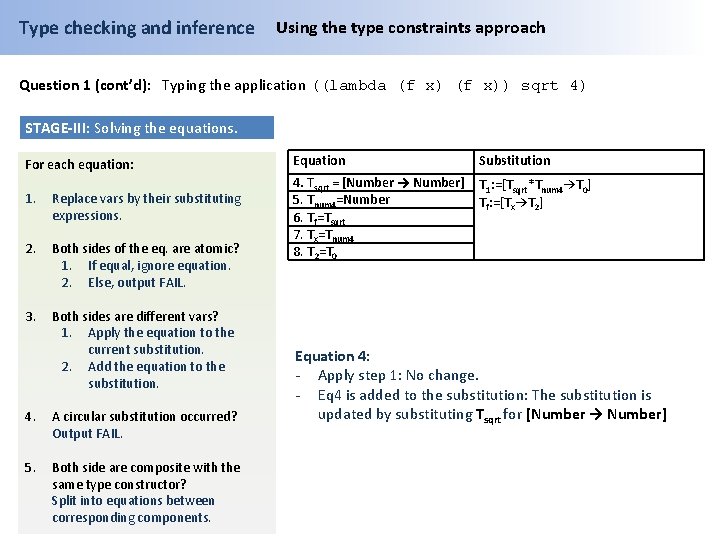 Type checking and inference Using the type constraints approach Question 1 (cont’d): Typing the