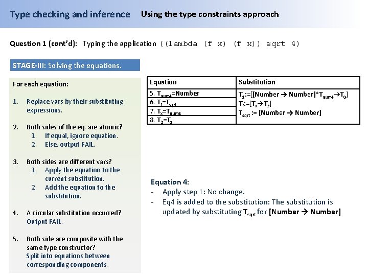 Type checking and inference Using the type constraints approach Question 1 (cont’d): Typing the