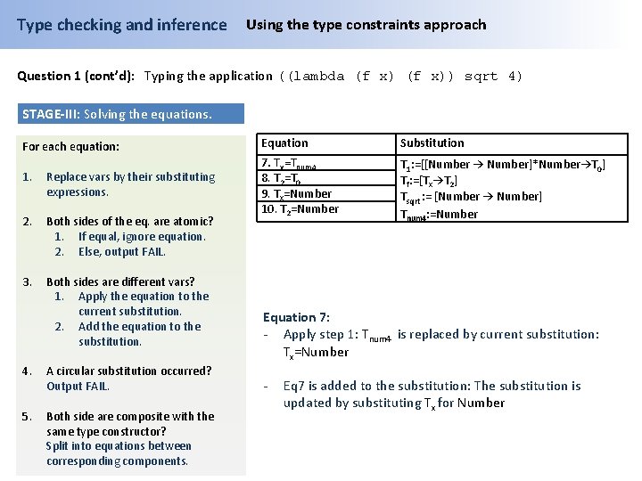 Type checking and inference Using the type constraints approach Question 1 (cont’d): Typing the