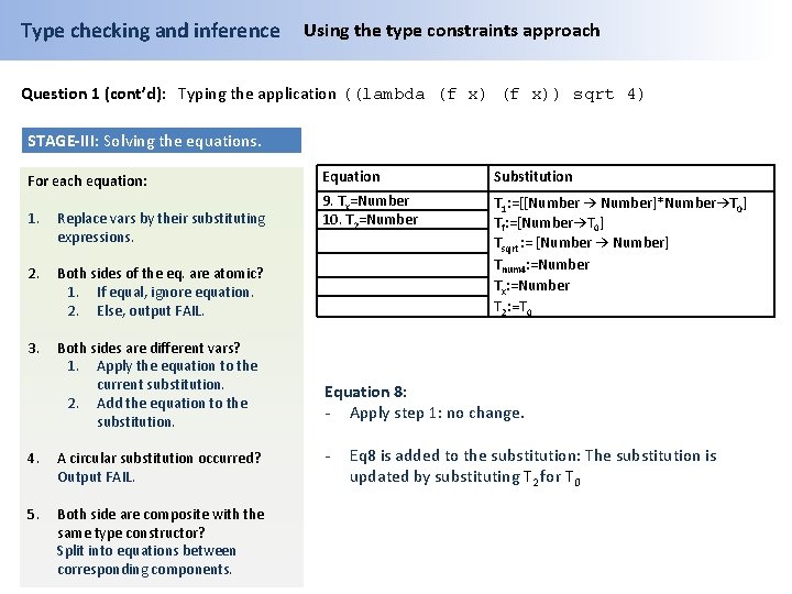 Type checking and inference Using the type constraints approach Question 1 (cont’d): Typing the