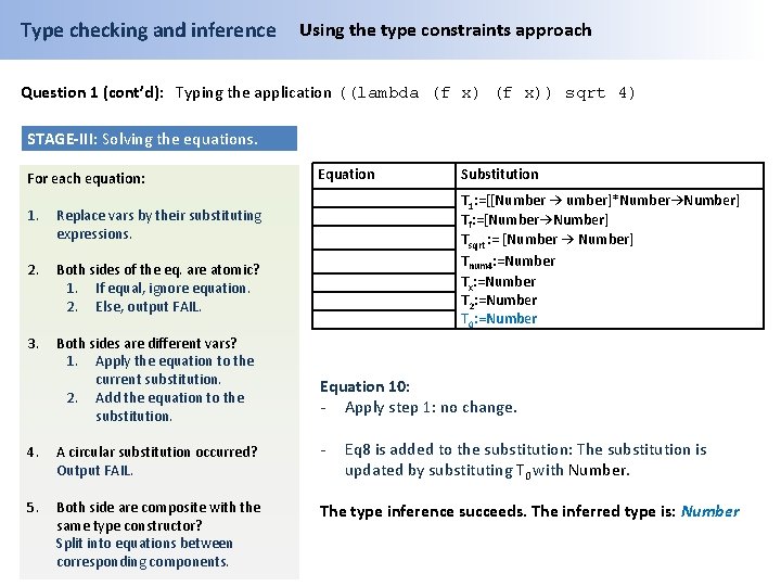Type checking and inference Using the type constraints approach Question 1 (cont’d): Typing the