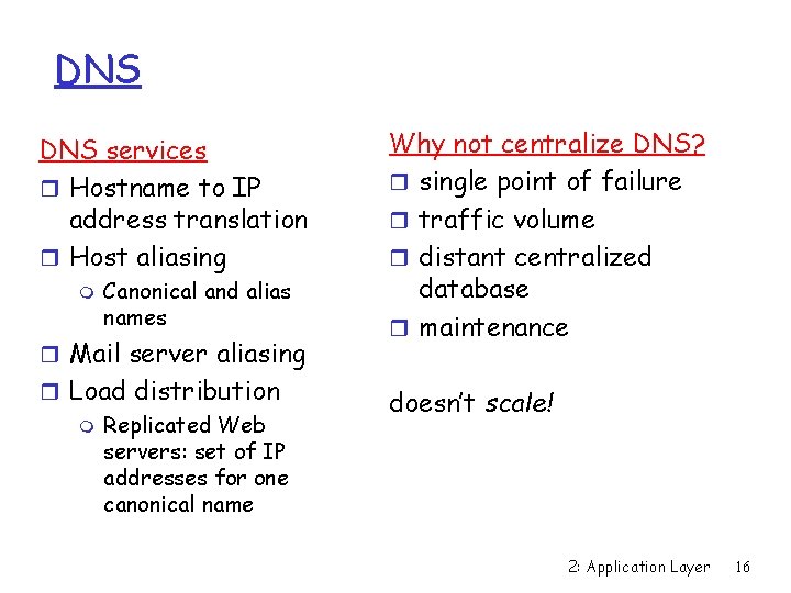 DNS services r Hostname to IP address translation r Host aliasing m Canonical and