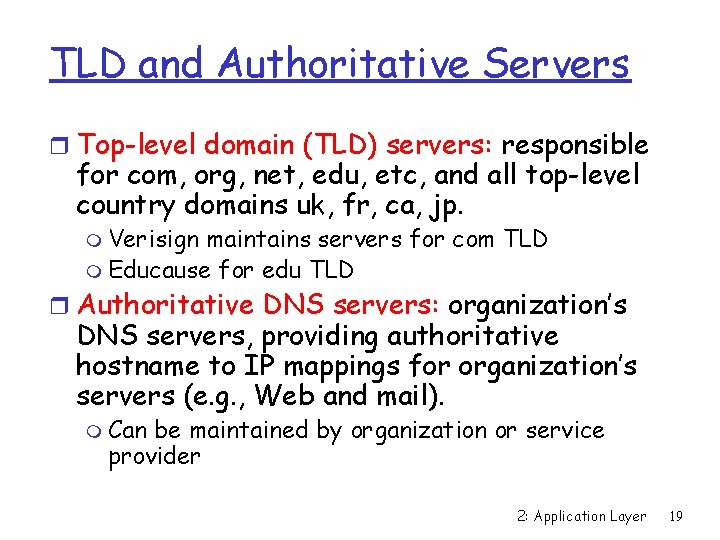 TLD and Authoritative Servers r Top-level domain (TLD) servers: responsible for com, org, net,