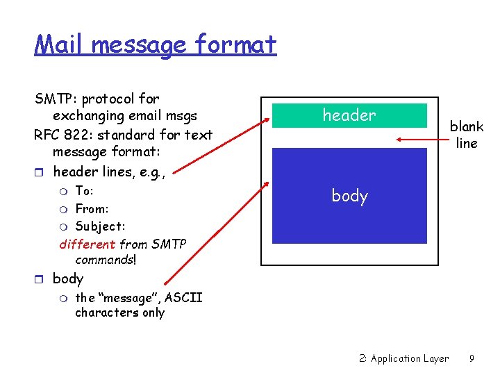 Mail message format SMTP: protocol for exchanging email msgs RFC 822: standard for text Mail message format SMTP: protocol for exchanging email msgs RFC 822: standard for text
