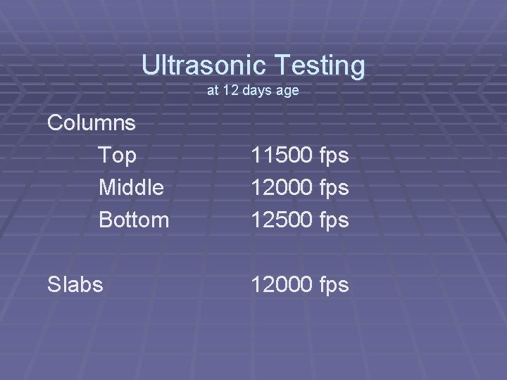 Ultrasonic Testing at 12 days age Columns Top Middle Bottom 11500 fps 12000 fps