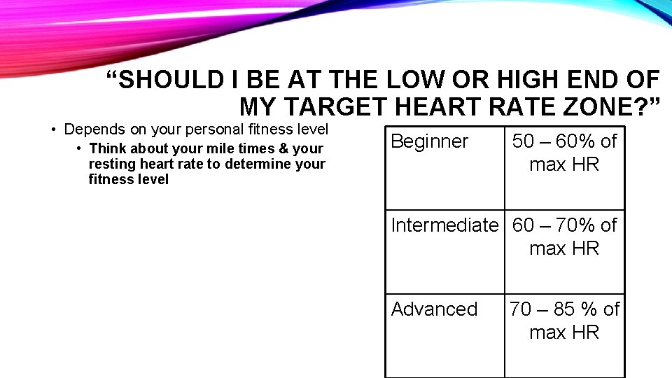 “SHOULD I BE AT THE LOW OR HIGH END OF MY TARGET HEART RATE