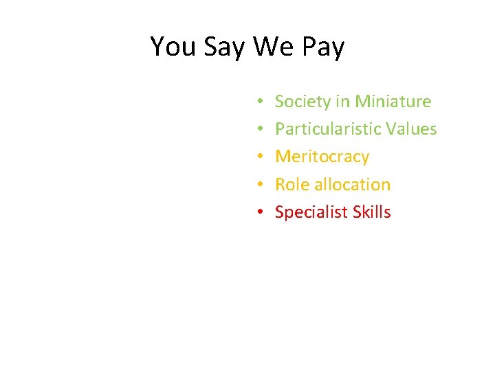 You Say We Pay • • • Society in Miniature Particularistic Values Meritocracy Role