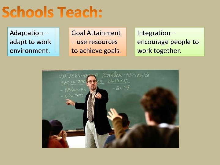 Adaptation – adapt to work environment. Goal Attainment – use resources to achieve goals.