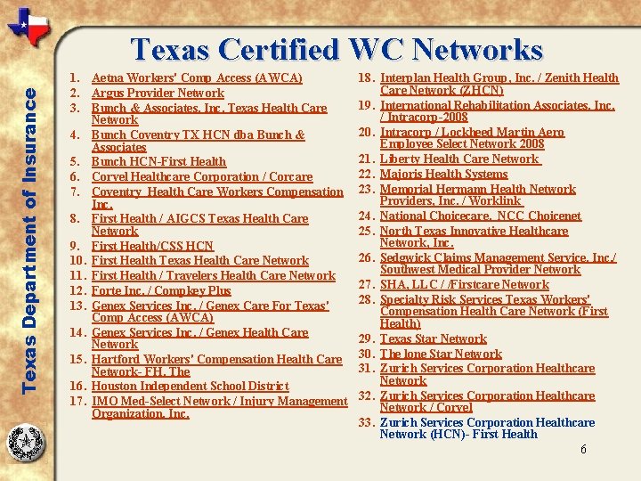 Texas Department of Insurance Texas Certified WC Networks 1. Aetna Workers' Comp Access (AWCA)