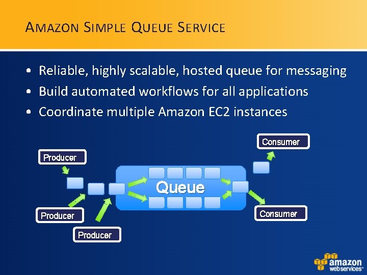 A MAZON S IMPLE Q UEUE S ERVICE • Reliable, highly scalable, hosted queue A MAZON S IMPLE Q UEUE S ERVICE • Reliable, highly scalable, hosted queue