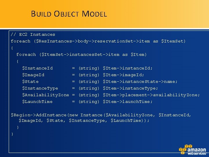 B UILD O BJECT M ODEL // EC 2 Instances foreach ($Res. Instances->body->reservation. Set->item B UILD O BJECT M ODEL // EC 2 Instances foreach ($Res. Instances->body->reservation. Set->item
