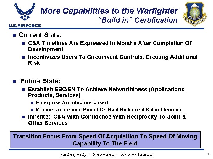 More Capabilities to the Warfighter “Build in” Certification n Current State: C&A Timelines Are