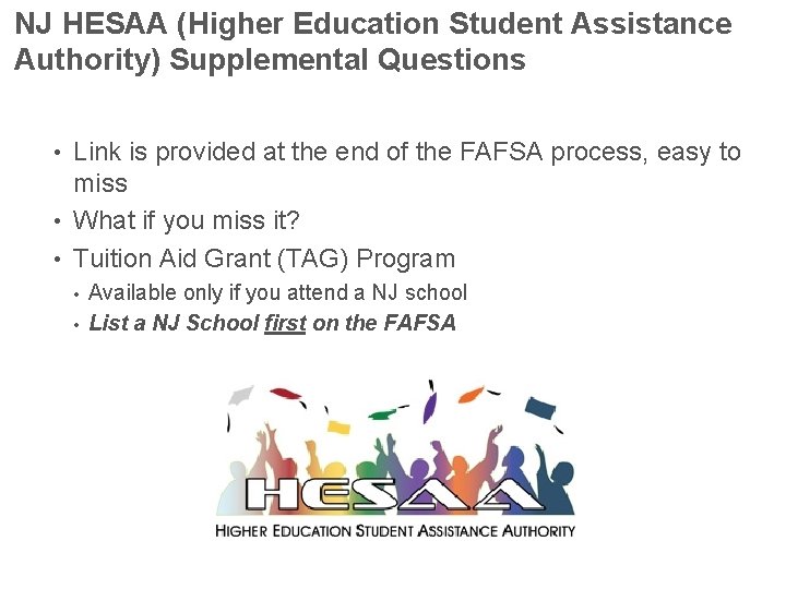 NJ HESAA (Higher Education Student Assistance Authority) Supplemental Questions Link is provided at the