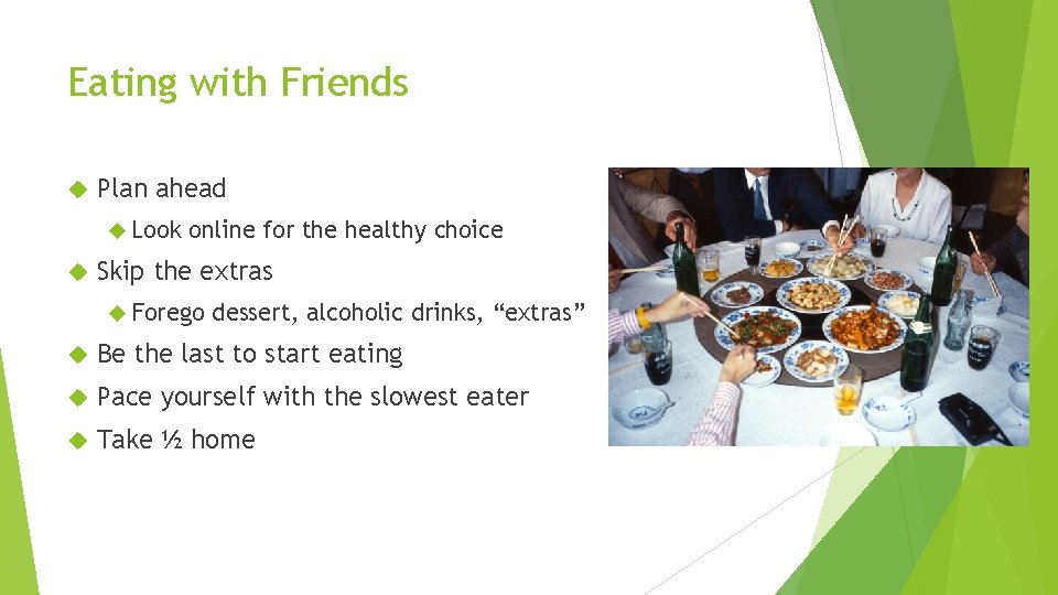 Eating with Friends Plan ahead Look online for the healthy choice Skip the extras