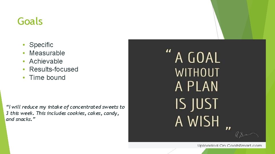 Goals • • • Specific Measurable Achievable Results-focused Time bound “I will reduce my