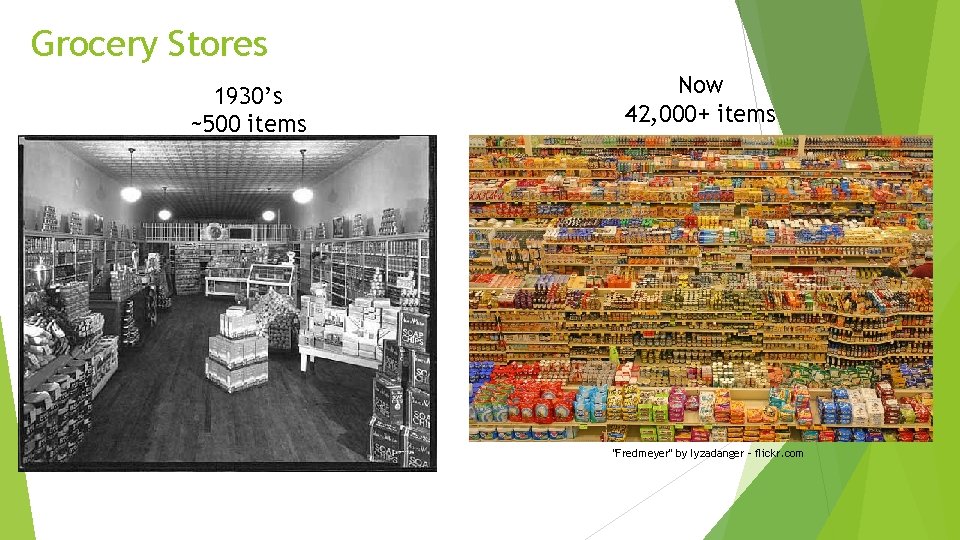 Grocery Stores 1930’s ~500 items Now 42, 000+ items "Fredmeyer" by lyzadanger - flickr.
