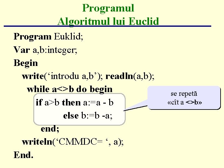 Programul Algoritmul lui Euclid Program Euklid; Var a, b: integer; Begin write(‘introdu a, b’); Programul Algoritmul lui Euclid Program Euklid; Var a, b: integer; Begin write(‘introdu a, b’);