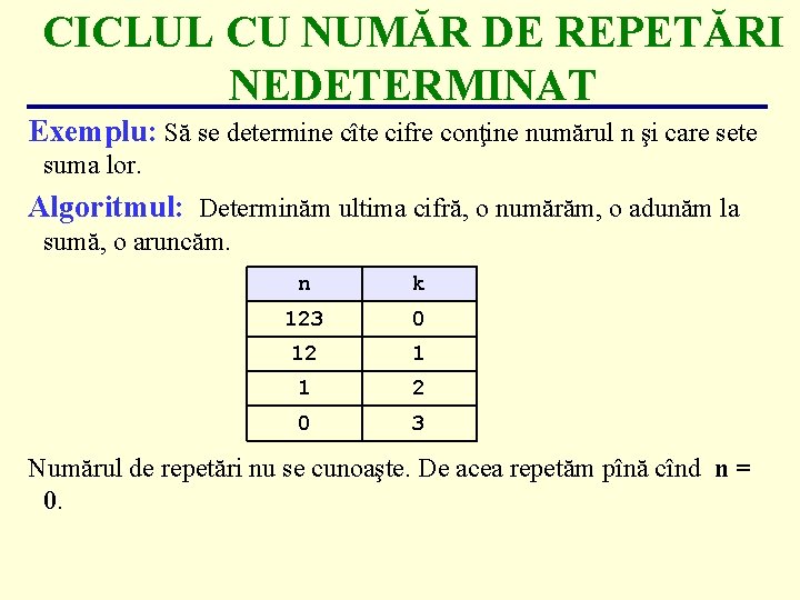 CICLUL CU NUMĂR DE REPETĂRI NEDETERMINAT Exemplu: Să se determine cîte cifre conţine numărul CICLUL CU NUMĂR DE REPETĂRI NEDETERMINAT Exemplu: Să se determine cîte cifre conţine numărul