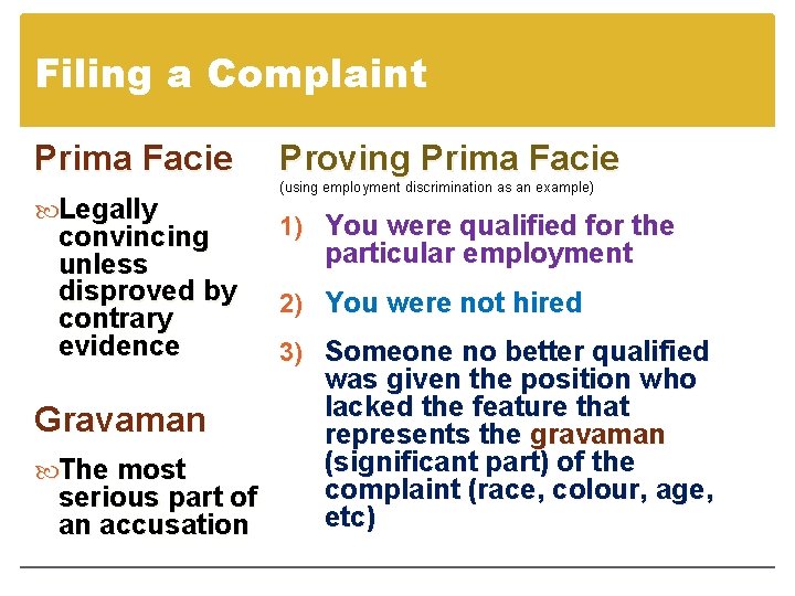 Filing a Complaint Prima Facie Legally convincing unless disproved by contrary evidence Gravaman The