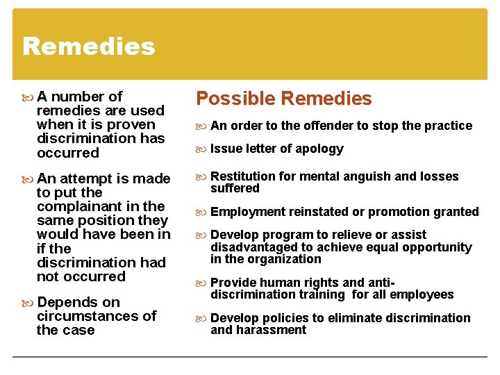 Remedies A number of remedies are used when it is proven discrimination has occurred