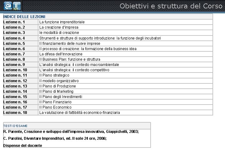 Obiettivi e struttura del Corso INDICE DELLE LEZIONI Lezione n. 1 La funzione imprenditoriale