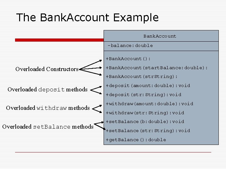 The Bank. Account Example Bank. Account -balance: double +Bank. Account(): Overloaded Constructors +Bank. Account(start.