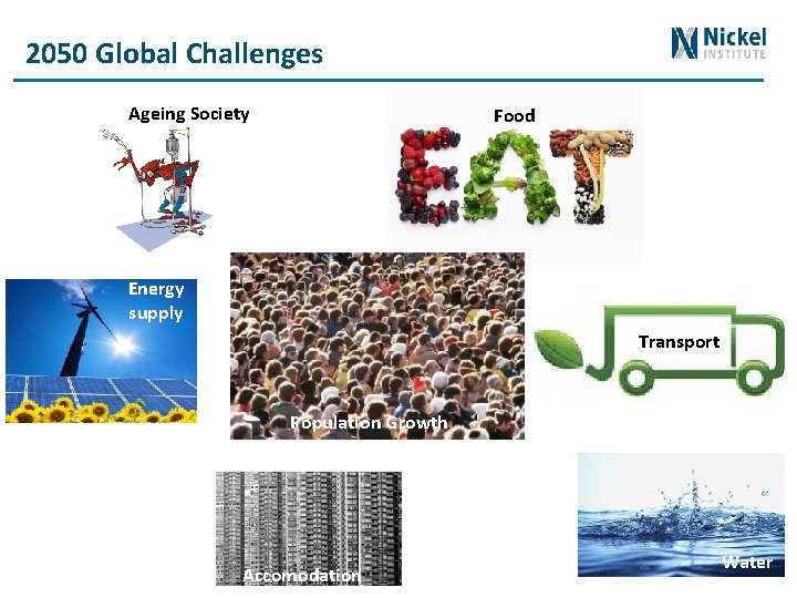 2050 Global Challenges Ageing Society Food Energy supply Transport Population Growth Accomodation Water 