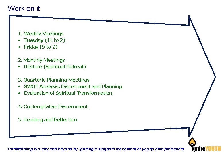 Work on it 1. Weekly Meetings • Tuesday (11 to 2) • Friday (9